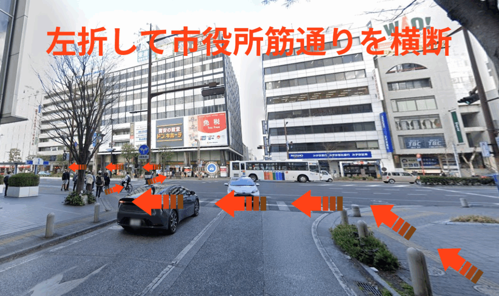 左折して市役所筋通りを横断後、左折します