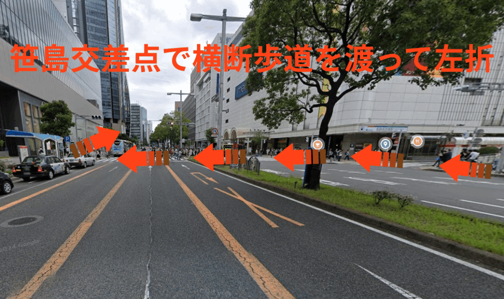 笹島交差点で横断歩道を渡って左折