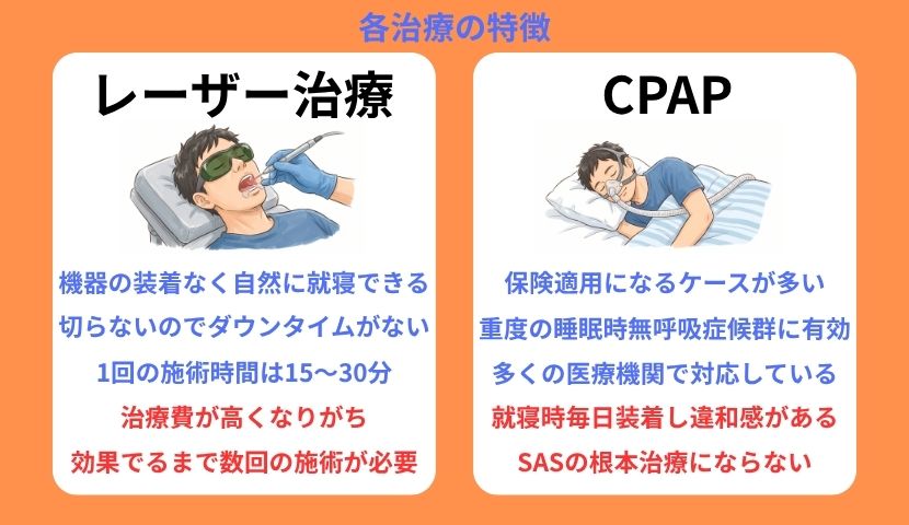 レーザー治療とCPAPの各特徴の比較